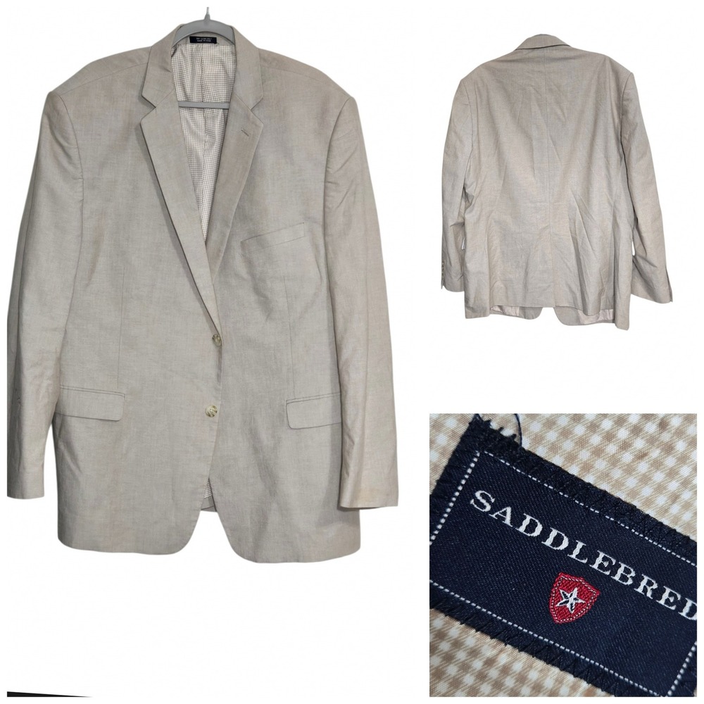 Saddlebred Mens 48R Tan Khaki 100% Cotton 2 Button Blazer Sport Coat Gingham